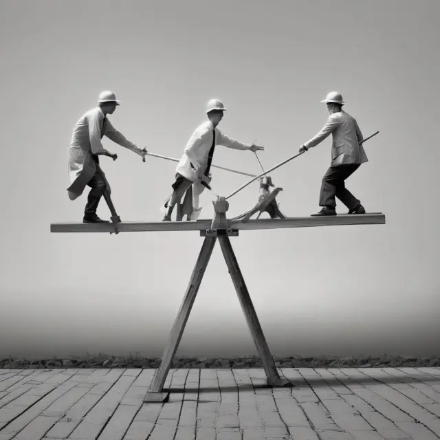 A balanced see-saw symbolizing unemployment, with two workers on opposite ends seeking employment opportunities