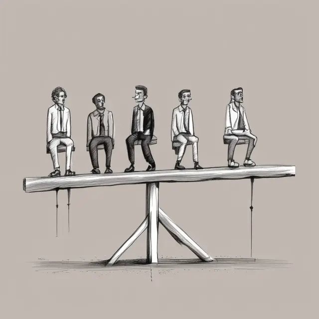 Image of four figures, each representing an unemployed worker symbolizing frictional, cyclical, structural, or institutional unemployment, balanced on a seesaw