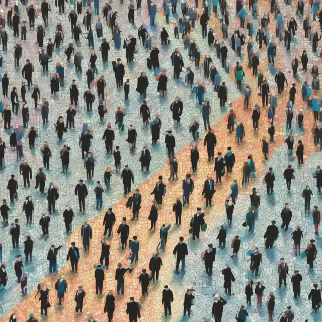 A metaphorical representation of individuals looking for work amidst a mosaic illustrating different unemployment categories: frictional, cyclical, structural, and institutional