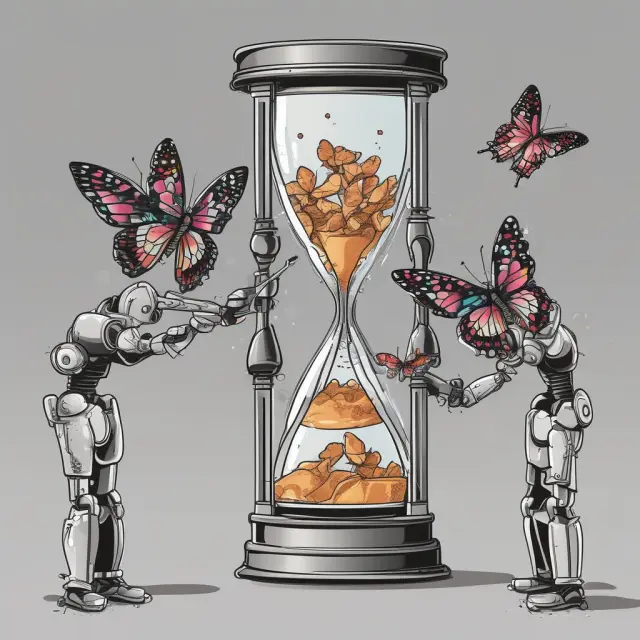 A robot hand releases butterflies from an hourglass, representing the continuous cycle of technological change and its impact on employment.