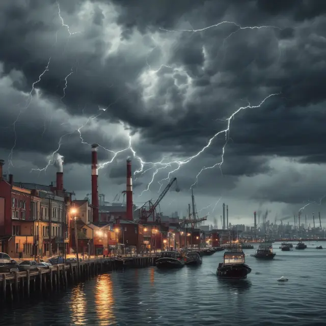 A stormy sky over a cityscape of factories and offices, symbolizing economic uncertainty, while some jobs are outsourced to foreign locations