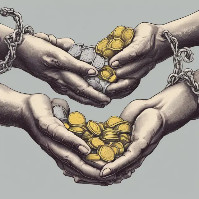An image of two hands symbolizing encumbered and unencumbered assets, with gold coins representing unencumbered assets flowing freely and silver coins burdened by chains illustrating encumbrances.