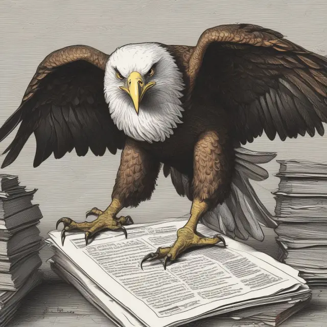 An eagle meticulously examining financial records to verify the absence of encumbrances on assets