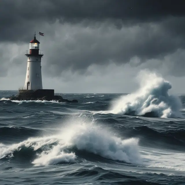 Image of a stormy sea symbolizing insurance industry with hidden icebergs representing misrepresented policies and regulatory lighthouses.