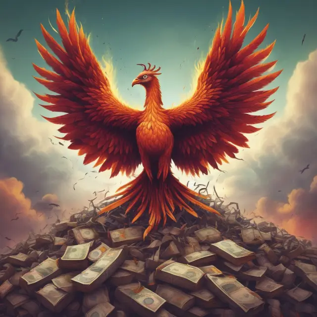Regulatory phoenix rising from toxic assets, depicting institutional investor redemption through regulatory compliance