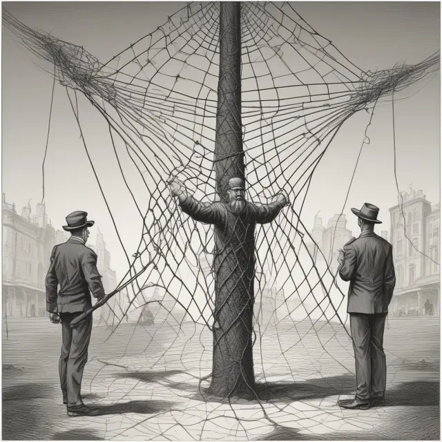 A complex web illustrating unfair trade practices in institutional investing, with regulatory bodies unraveling the entanglements