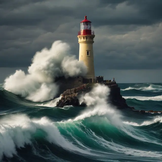 Stormy sea symbolizing market conditions, lighthouse depicting economic stability amidst the chaos