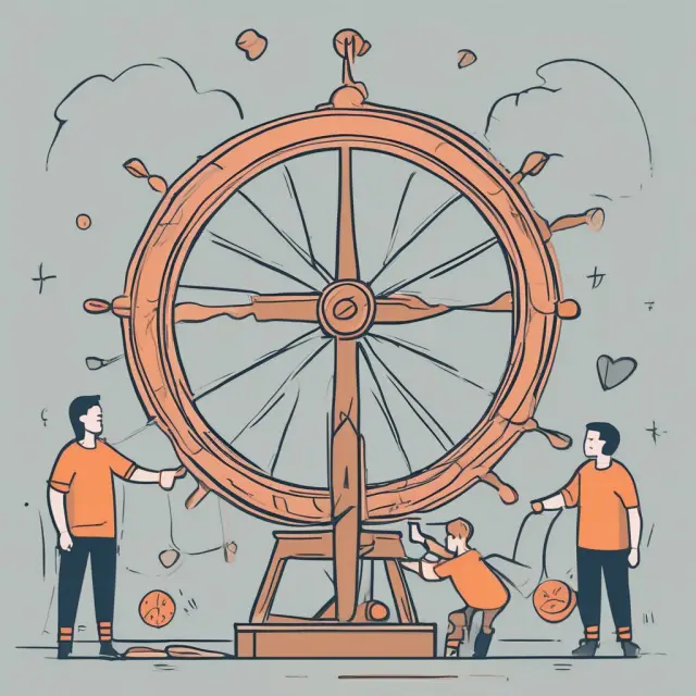 A spinning wheel symbolizes ongoing contributions to an unfunded pension plan, with people adding coins at various life stages