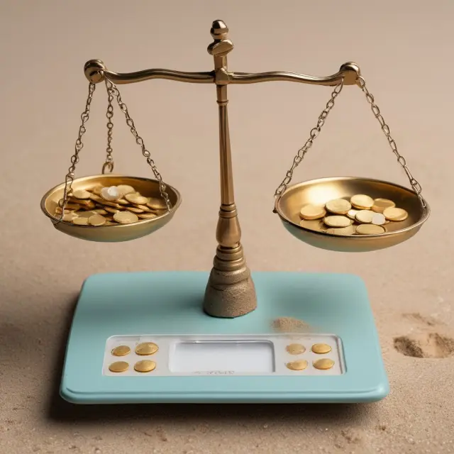 Gold coins and sand grains illustrate funded and unfunded pension systems on a balance scale