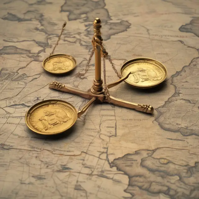 A flexible government scale balances gold coins symbolizing pension benefits and public trust, with an old political map depicting effective planning and risk management.
