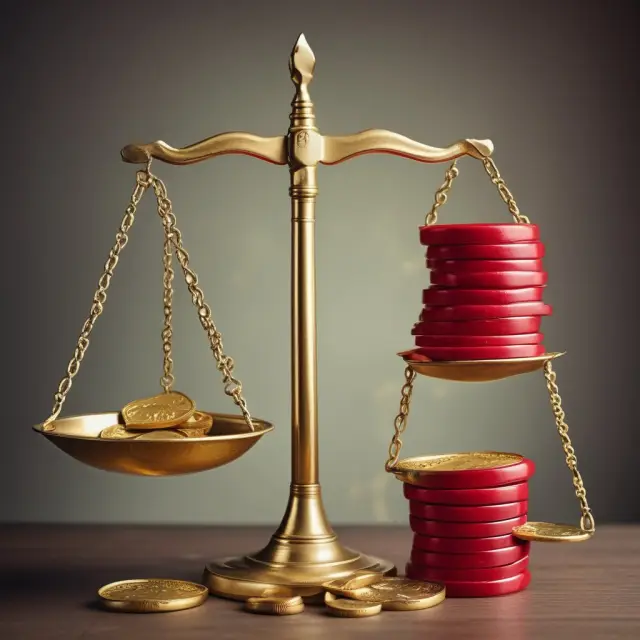 Two scales balance gold coins and red ink, representing the advantages and disadvantages of unfunded pension plans