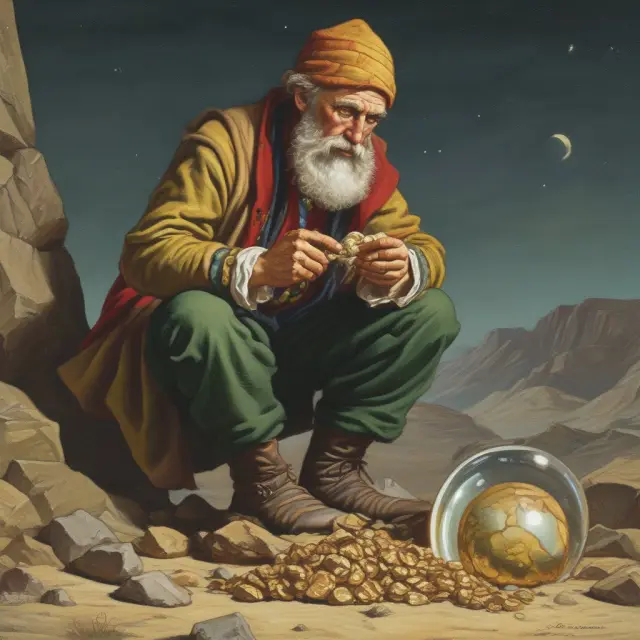 Explorer evaluating pension plan gold nuggets before investing near a crystal ball representing due diligence and transparency