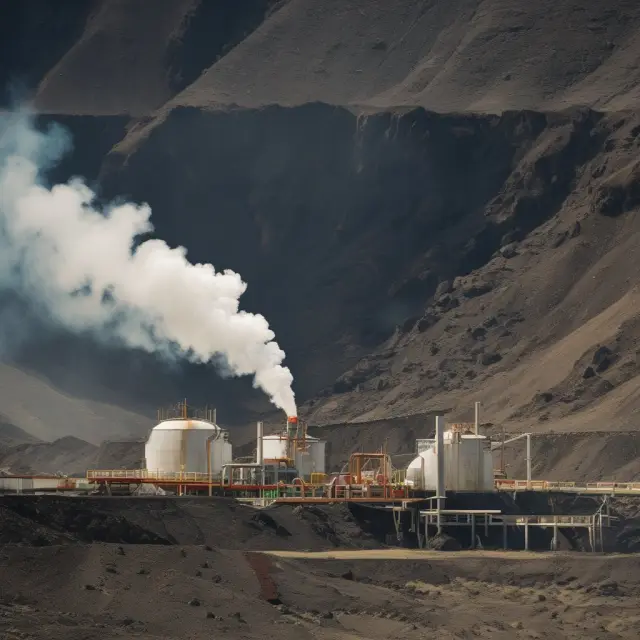 A bridge made of natural gas cylinders connecting volcanic demand and calm renewable energy, illustrating UNG