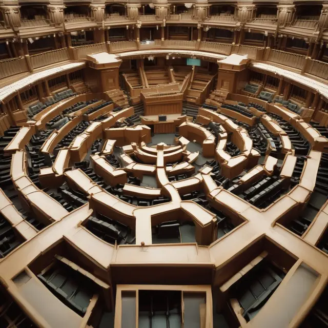 An image of the Swedish Parliament, Riksdag, depicted as a meticulously crafted puzzle box, representing its unicameral legislative structure