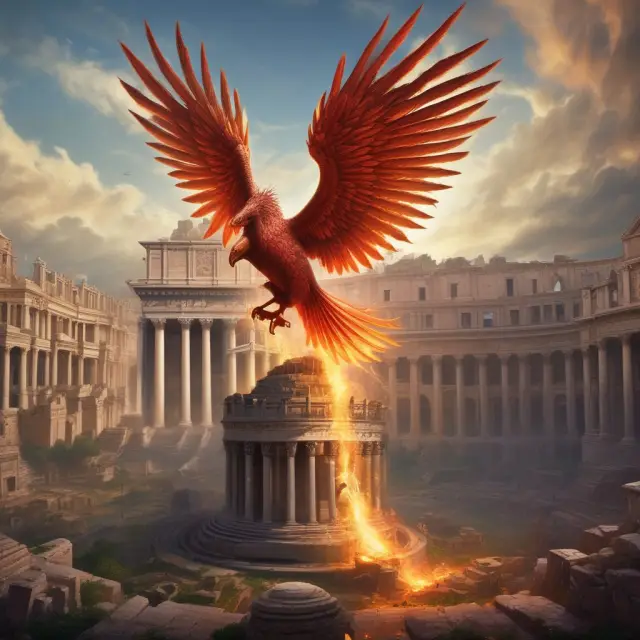 A mythical phoenix emerging from ancient Roman ruins, symbolizing the evolution of unicameral legislative bodies throughout history.