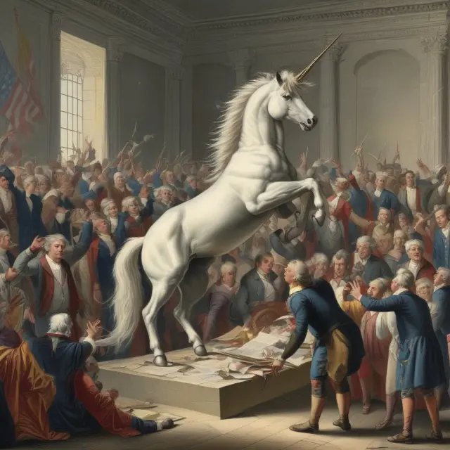 Image shows a disorganized gathering of unicorns representing the U.S.