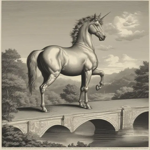 A mythical unicorn building a bridge between two rivers, representing Nebraska