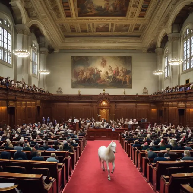A mythical gathering of unicorns deliberating in a legislative chamber, reflecting the unique dynamics of unicameral systems