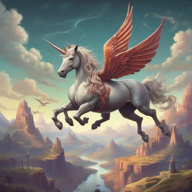 Unicorn flying above a diverse startup landscape, representing its controversial and challenging valuation