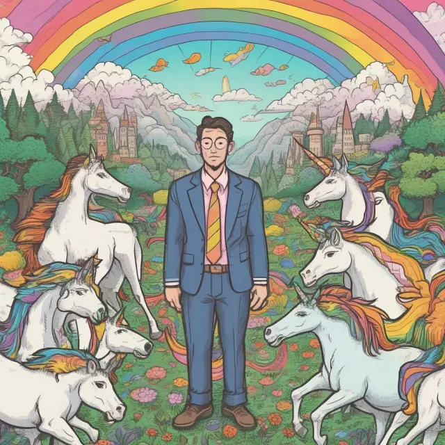 An HR manager on a quest to hire a unicorn candidate is shown surrounded by diverse job applicants, while a rainbow bridge symbolizes the bridge between expectations and reality.