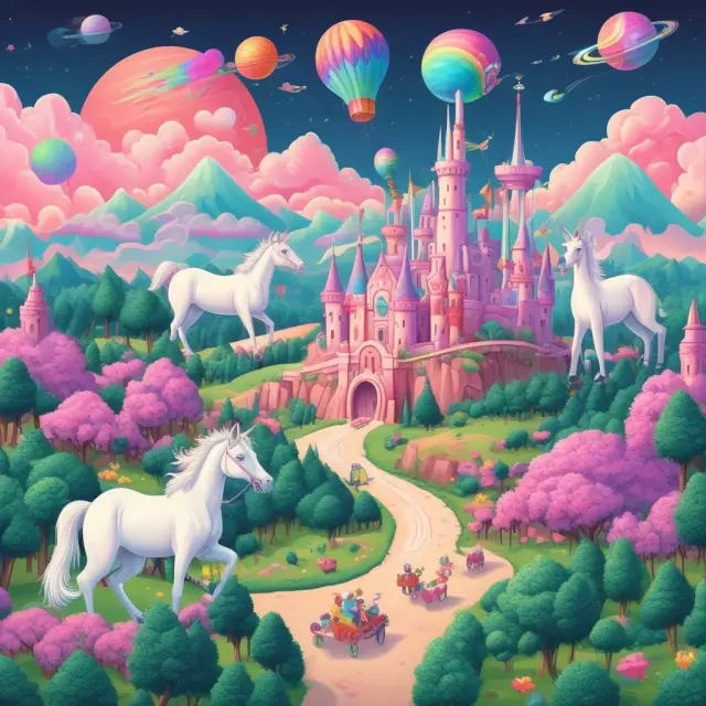 A lush landscape filled with unicorns symbolizing successful startups: SpaceX launching, Robinhood