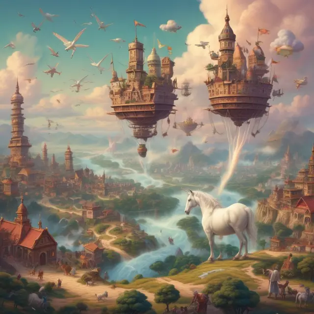 A group of unicorns flying over an evolving industrial landscape, illustrating their transformative impact on various sectors