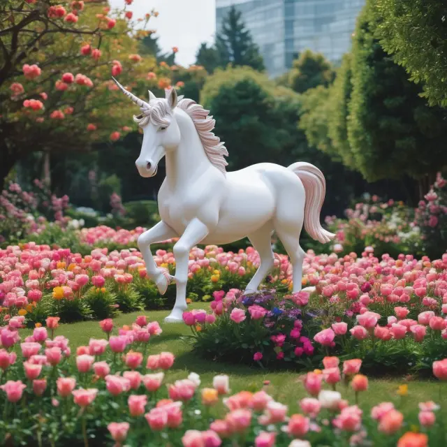 A lush garden teeming with vibrant unicorn flowers representing successful startups in the technology sector.