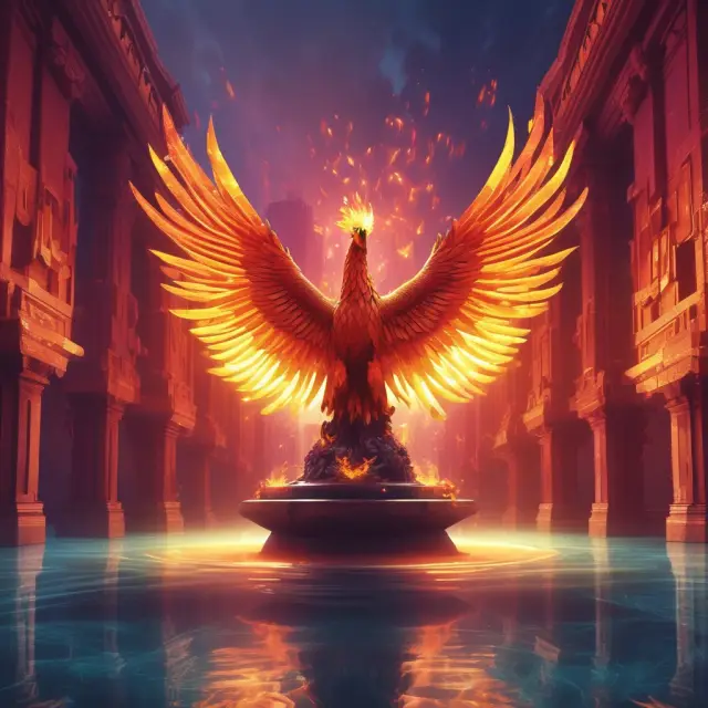 Phoenix rising from a pool of digital transactions, representing Unified Payments Interface