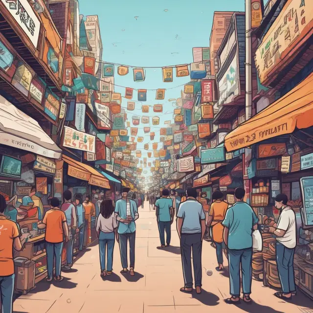 Bustling marketplace with merchants using UPI for QR code payments, bill payments, and merchant transactions
