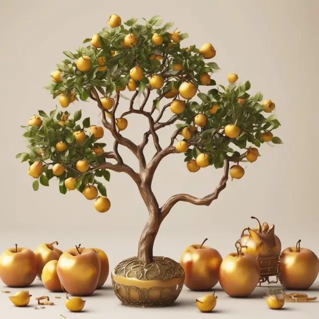 Golden apples represent gift taxes, while an inheritance tree symbolizes estate taxes. This image encapsulates the process of wealth transfer across generations with a focus on tax implications.