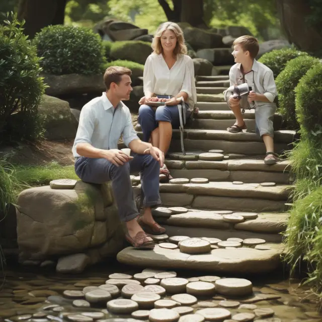 A waterfall of wealth cascading between generations, illustrating annual gift tax exclusions as stepping stones.
