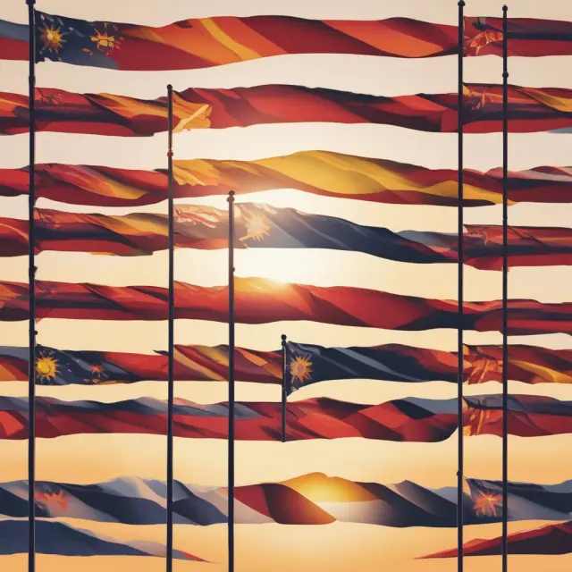 Sunrise above US state flags representing estate tax regulations in select states