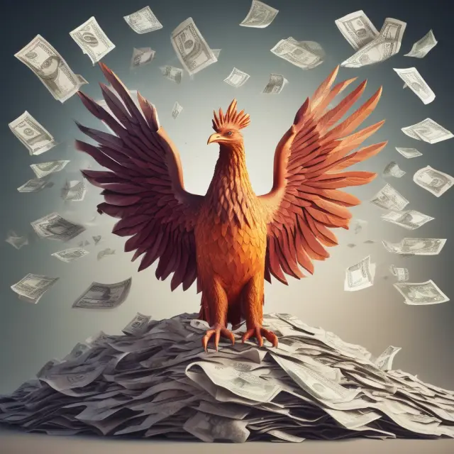 A digital phoenix rises from a pile of papers, symbolizing the transition from traditional to digital UBL management. Keywords: technology, digitalization, uniform bill of lading, transformation