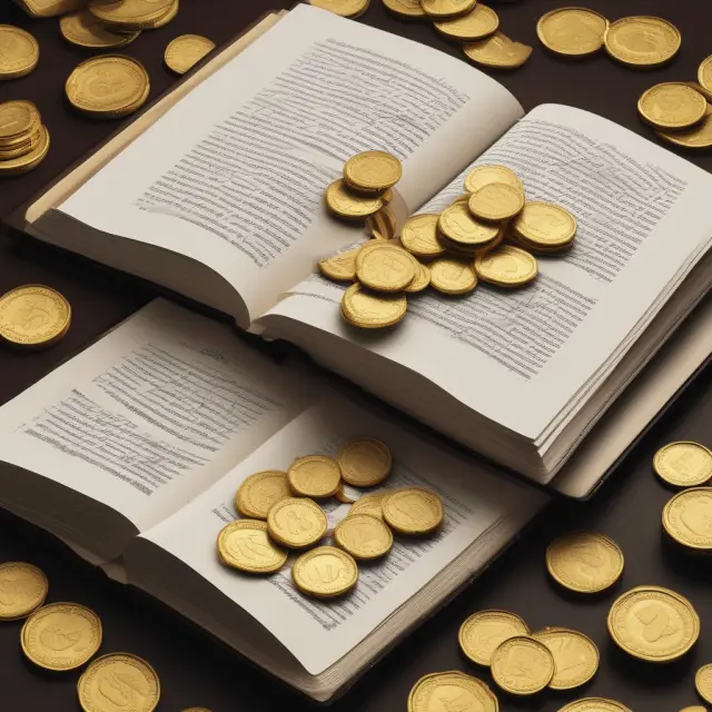 Image of a law book with its pages unfolding to reveal nine articles depicting sales contracts, leases, and gold coins symbolizing the Uniform Commercial Code regulations.