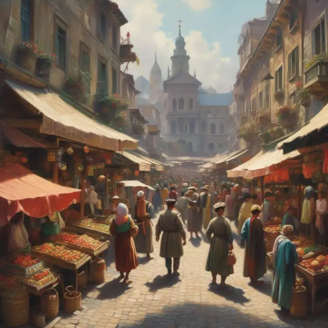 A vibrant marketplace scene with people exchanging goods and signing contracts symbolizing sales and leases, under the supervision of the Uniform Commercial Code