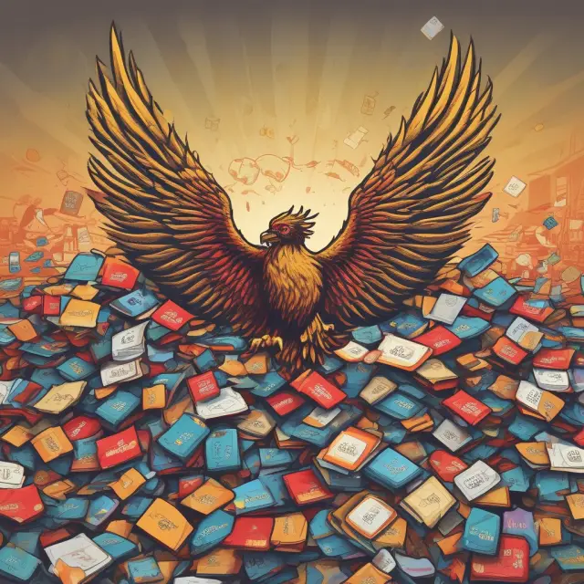 Phoenix rising above credit cards and merchant logos, representing consumer protections in credit card transactions under the Uniform Consumer Credit Code