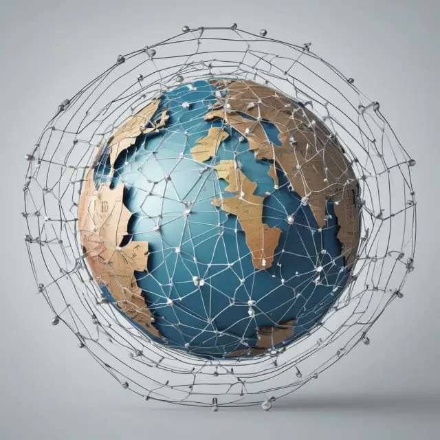 Image of a globally connected web of consumer credit codes, representing international cooperation and the influence of UCCC on global transactions