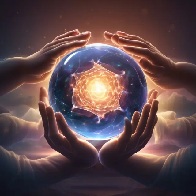 Two partners intertwining hands symbolizing the formation of a partnership around a crystal ball representing their shared goals