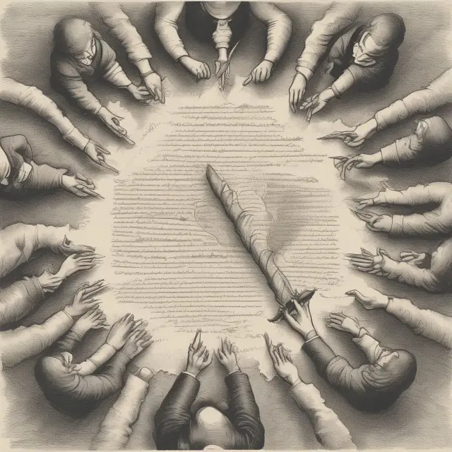 A quill pen writes the Uniform Partnership Act on parchment scrolls with partners discussing nearby, enhancing understanding of partnership laws.