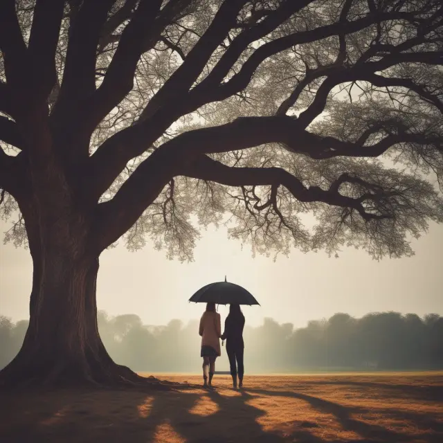 Lovers under an umbrella, tree with intertwined roots representing the Uniform Simultaneous Death Act
