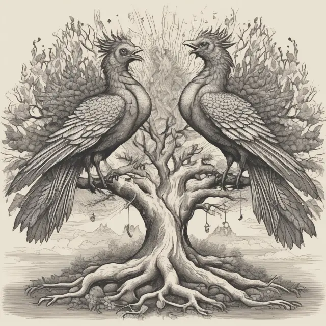 Two mythical phoenix birds merging to form a tree, representing unity and the Uniform Simultaneous Death Act