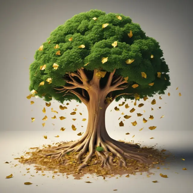 A grand tree laden with golden leaves representing the wealth of an estate, but with some falling due to estate taxes.