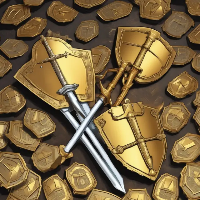 State regulators symbolically armed with golden shields and swords, defending investors from securities fraud in the context of the Uniform Securities Act