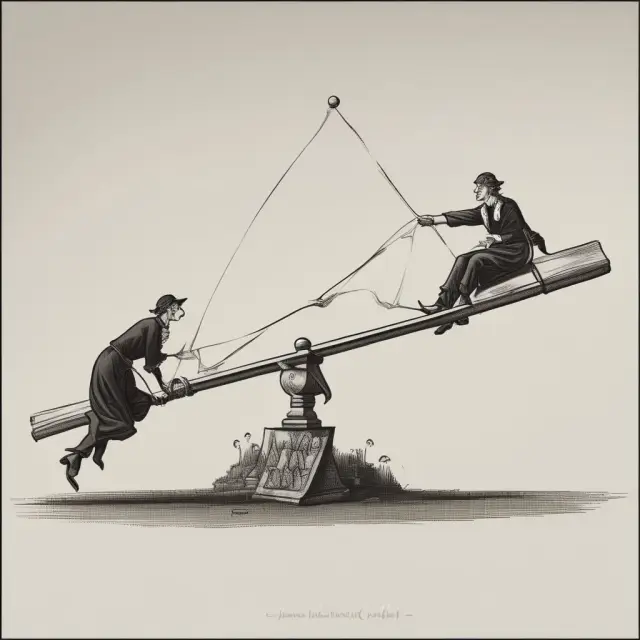 An illustration of an offeror and offeree on opposite sides of a see-saw, with each side symbolizing their respective roles in a unilateral contract