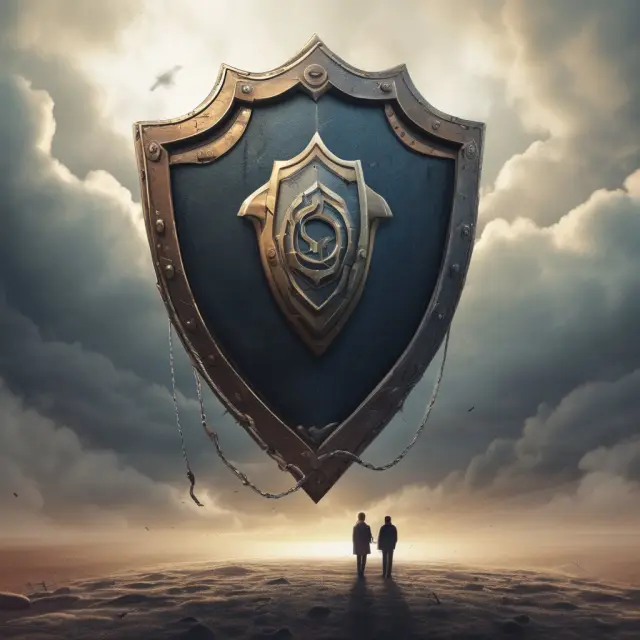 A person holding an old-fashioned shield inscribed with the image of an insurance policy document to represent protection against potential risks and financial uncertainty