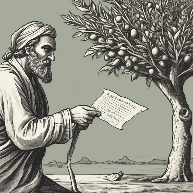Offeror extending an olive branch, symbolizing unilateral contract; Offeree ponders acceptance