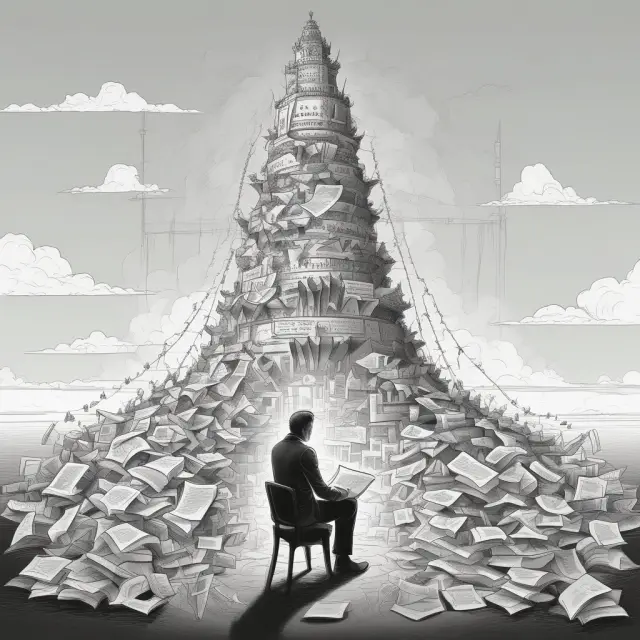 Offeror in thoughtful contemplation, surrounded by contract papers as an offeree builds a tower from uncompleted tasks.