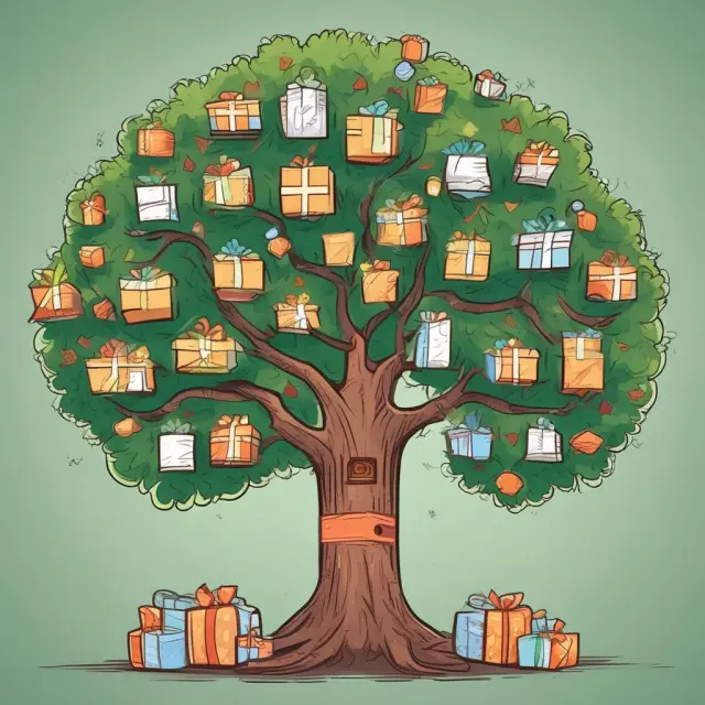 Tree overflowing with gifts and bags of donations, representing various types of unilateral transfers in daily life