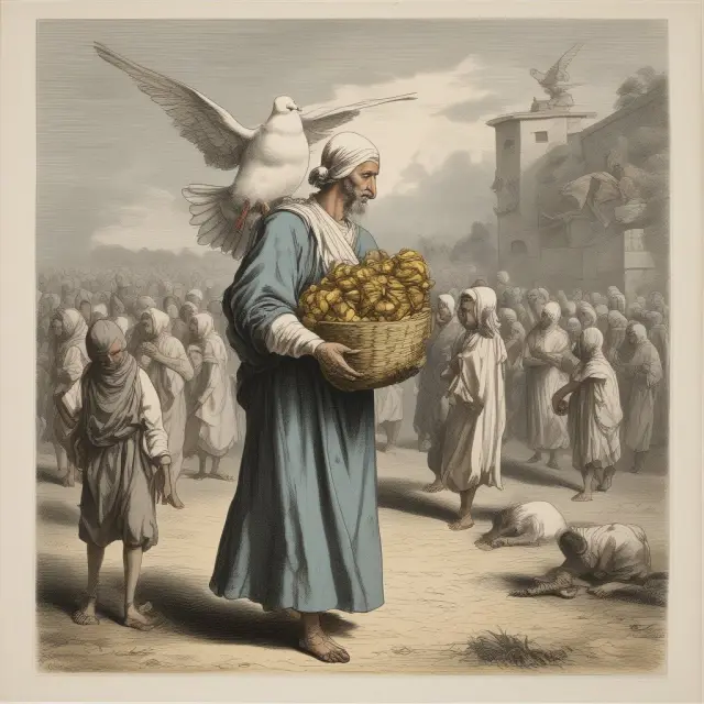 A dove releasing golden sacks for starving children, representing government unilateral transfers in humanitarian aid