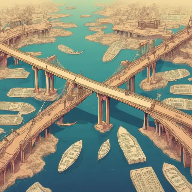 An image of a bridge crossing two continents, supported by a river of currencies representing unilateral transfers and their influence on the current account balance